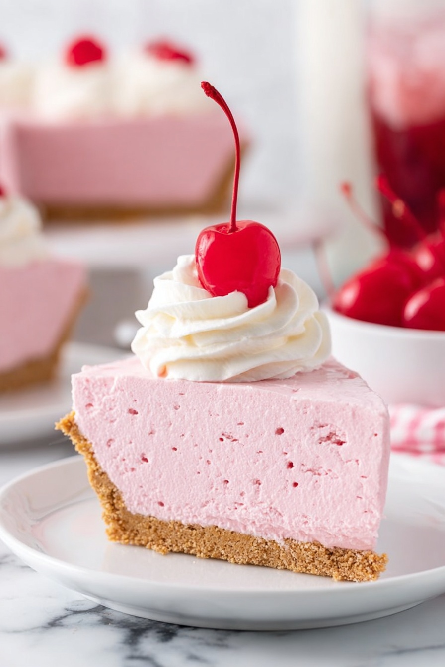 The image shows four steps of making a pink pie. In the first step, there is a clear glass bowl with thick, smooth, bright pink cream being mixed with a black electric hand mixer. Next to the bowl is a pink Kool-Aid packet on a white marbled surface. The second step shows the cream in the same bowl but lighter pink and fluffy in texture, still being whipped by the black electric hand mixer. The third step displays the light pink creamy filling spread evenly inside a round graham cracker crust in a silver foil pie pan, placed on the white marbled surface. The last step shows the pie with the pink filling but now topped with eight evenly spaced white dollops of whipped cream around the edge, with a small white bowl of bright red cherries and a white plate with silver forks nearby. Photo taken with an iphone --ar 2:3 --v 7