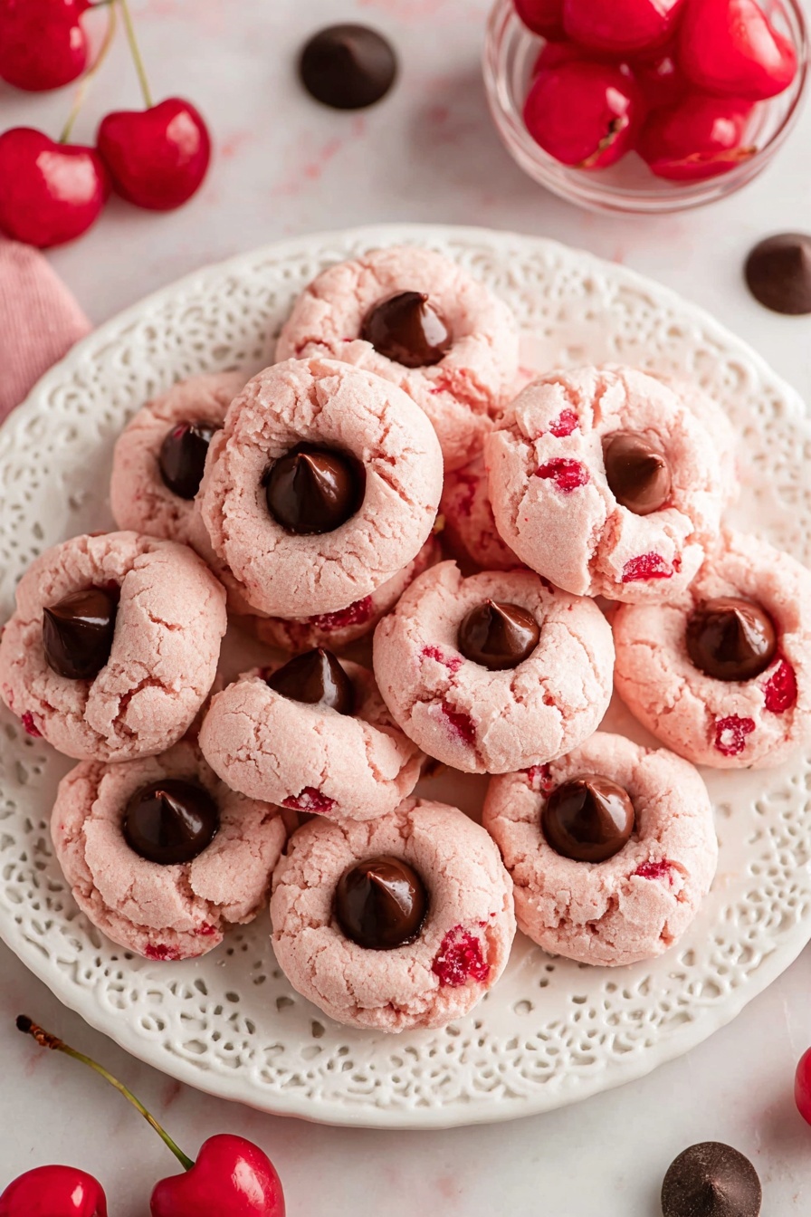 A white plate with a lacy pattern holds about a dozen pale pink thumbprint cookies, each with a chocolate drop pressed into the center. The cookies have a slightly cracked texture and small bits of red cherries mixed into the pink dough. Bright red cherries with stems are scattered on the plate and on a white marbled surface nearby, along with a few round chocolate pieces. The photo is taken with an iphone --ar 2:3 --v 7