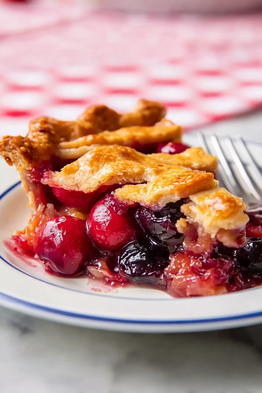 A pie with a thick crust edge that is fluted and pale golden in color surrounds a lattice top made of wide, flat strips of dough with zigzag edges, revealing bright red cherries and their juices that peek through the gaps. The pie sits in a clear glass dish on a white marbled surface, with part of a white and black striped cloth in the background and a small glass bowl of light brown sugar visible on the side. Photo taken with an iphone --ar 2:3 --v 7