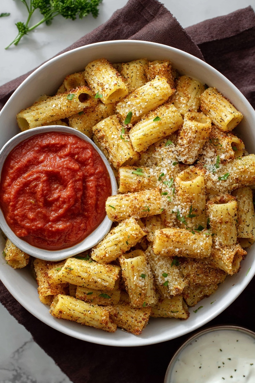A white bowl filled with two layers: the outer layer is made of golden-brown baked rigatoni pasta pieces sprinkled with grated cheese and small green herb bits, while the inner layer is a small white bowl of bright red tomato sauce with a smooth texture, placed on the left side inside the larger bowl; the larger bowl sits on a dark brown cloth over a white marbled surface, with a small green parsley bunch near the bottom left and a white bowl with white creamy sauce at the bottom right, photo taken with an iphone --ar 2:3 --v 7