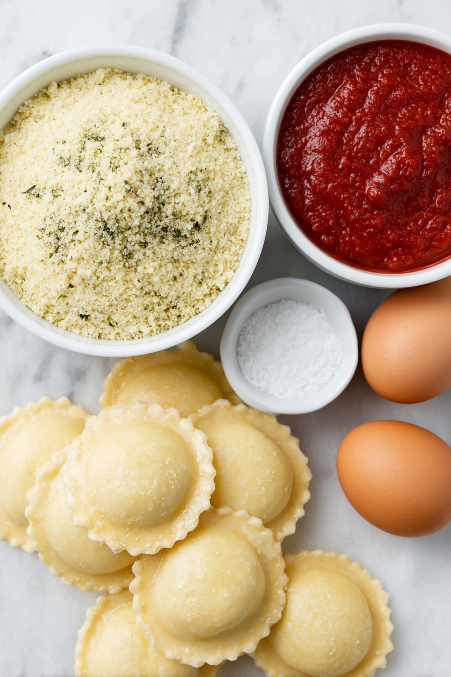 Flat lay of fresh round ravioli pasta arranged neatly, a small white ceramic bowl of golden Italian seasoned bread crumbs mixed with grated Parmesan cheese and dried basil, two whole brown eggs with clean shells, a small white bowl of bright red marinara sauce, sprinkled coarse salt crystals beside them, all placed on a clean white marble surface, soft natural light, photo taken with an iPhone, professional food photography style, fresh ingredients, white ceramic bowls, no bottles, no duplicates, no utensils, no packaging --ar 2:3 --v 7 --p m7354615311229779997