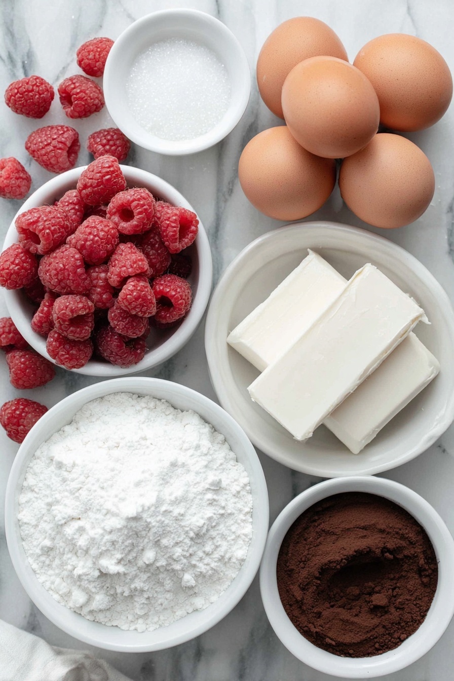 Flat lay of fresh red raspberries scattered naturally, a small white ceramic bowl of granulated sugar, a small white bowl of smooth vanilla extract, a block of cream cheese with a clean-cut edge, three whole brown eggs with uncracked shells arranged neatly, a small white bowl filled with all-purpose flour, another small white bowl holding rich Dutch-process cocoa powder, a pinch of fine salt in a tiny white bowl, a small white bowl containing glossy refined coconut oil, all ingredients spaced symmetrically with perfect balance, placed on a clean white marble surface, soft natural light, photo taken with an iPhone, professional food photography style, fresh ingredients, white ceramic bowls, no bottles, no duplicates, no utensils, no packaging --ar 2:3 --v 7 --p m7354615311229779997