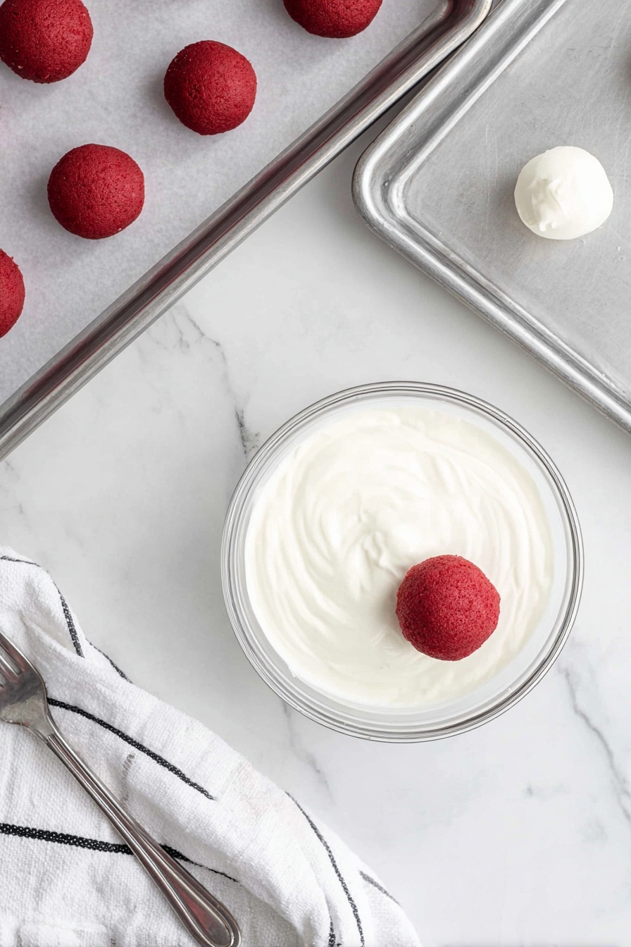 The image shows a round dessert ball cut in half, placed on a small white plate with another white plate underneath. The dessert has two clear layers: a deep red, soft, and textured inside layer forming the core, and a smooth, white outer layer covering it fully. Small bits of red crumb are scattered on top of the white layer. In the background, there are more dessert balls, some with white coating and red drizzle. The setting has a white marbled surface, and a black and white patterned cup is partially visible. photo taken with an iphone --ar 2:3 --v 7
