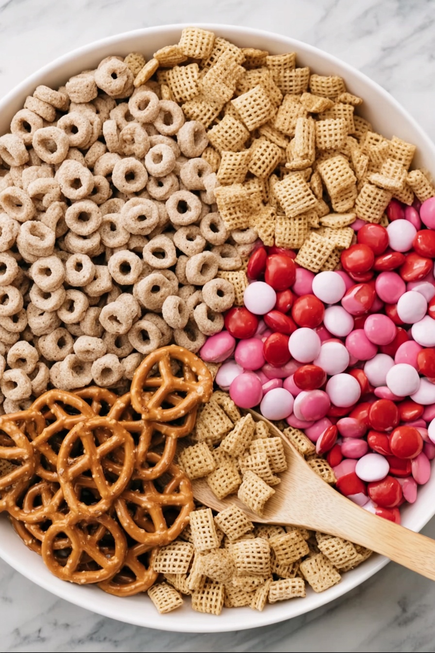 A bowl full of a snack mix showing multiple layers of small square cereal pieces coated with white frosting, small ring-shaped cereal pieces also coated with white frosting, and mini pretzels covered partly in white frosting. Scattered among these are round candy pieces in bright pink, light pink, white, and red colors adding vibrant spots. The snack mix fills a white bowl placed on a white marbled textured surface, with a few red and pink candy pieces outside the bowl. The textures include the smooth shiny candy shells, the rough coated cereal pieces, and the crunchy pretzels. photo taken with an iphone --ar 2:3 --v 7