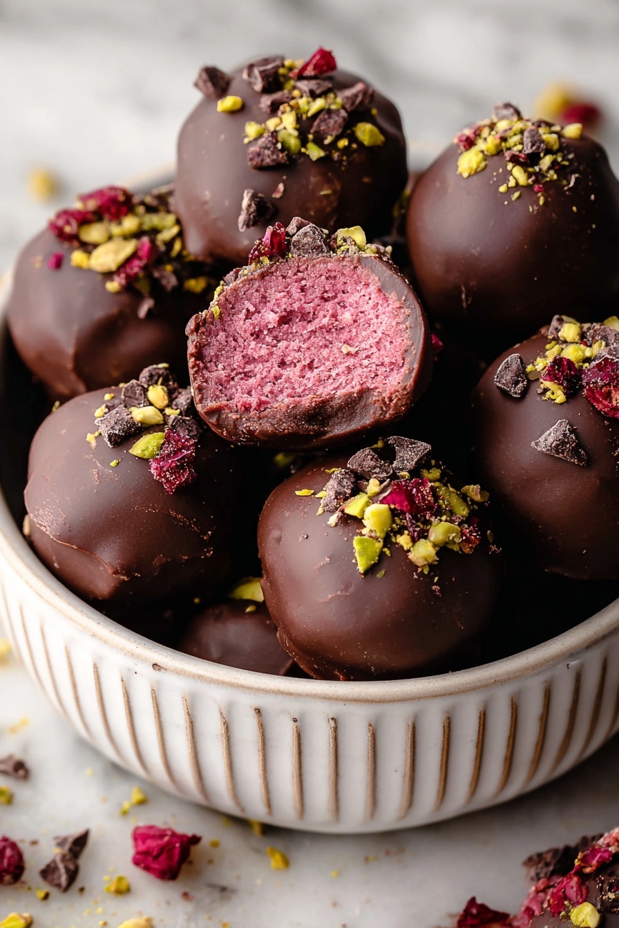 A clear glass bowl on a white marbled surface contains a thick, smooth dark brown chocolate mixture that fills about half the bowl with a rich texture. Sitting on top of this chocolate layer is a mound of bright red powder, loose and fine in texture, creating a strong color contrast. A red silicone spatula rests inside the bowl, partly buried in the chocolate mixture, with its edge dipping down into the layers. Photo taken with an iphone --ar 2:3 --v 7