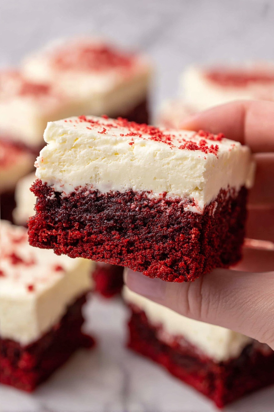 A thick, smooth, dark red batter is being poured from a clear glass bowl into a square metal baking pan. The batter has a shiny, rich texture with small air bubbles throughout. The pan sits on a white marbled surface. The image captures the moment the batter flows down in a thick, glossy layer inside the pan, filling it evenly. Photo taken with an iphone --ar 2:3 --v 7