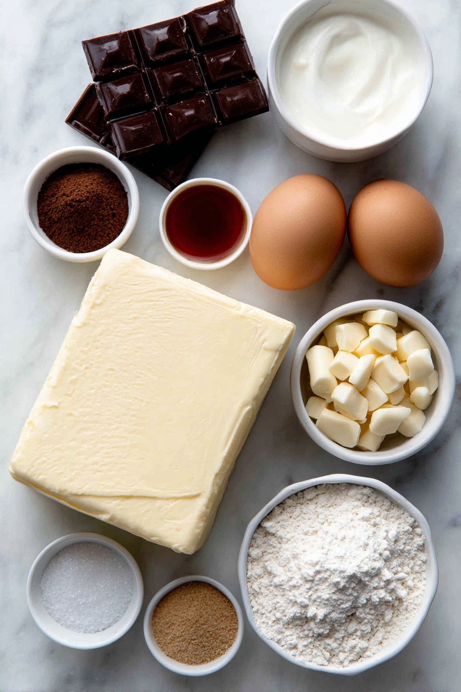 Flat lay of one block of smooth cream cheese, a small pile of fine white sugar crystals, a small white ceramic bowl of heavy cream, two whole uncracked brown eggs, a small white ceramic bowl of vanilla bean paste, a few dark chocolate squares, a stick of unsalted butter, a small heap of light and dark brown sugar, a small white ceramic bowl of red food coloring, a small mound of all-purpose flour, a small pile of Dutch processed cocoa powder, a small pinch of salt crystals, and a small white ceramic bowl filled with chopped white, dark, and milk chocolates, all arranged symmetrically and naturally placed on a clean white marble surface, soft natural light, photo taken with an iPhone, professional food photography style, fresh ingredients, white ceramic bowls, no bottles, no duplicates, no utensils, no packaging --ar 2:3 --v 7 --p m7354615311229779997