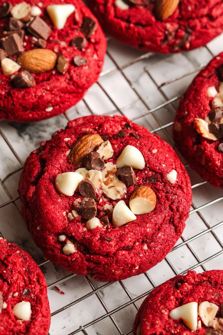 The image shows several bright red cookies with a slightly rough texture, each topped with pieces of white and brown nuts and chocolate. The cookies are thick and round, placed on a metal cooling rack over a white marbled surface. The nuts and chocolate chunks sit unevenly spread on top, giving the cookies a textured and chunky appearance. The overall look is rich with red contrasting against the creamy white and brown toppings, making them visually striking. photo taken with an iphone --ar 2:3 --v 7