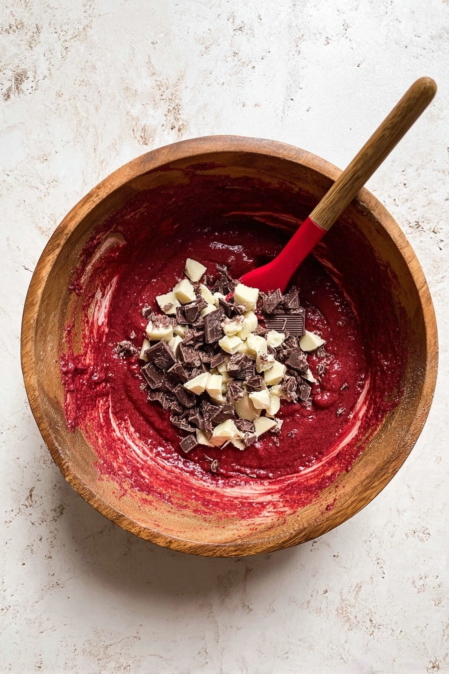 A stack of three thick red velvet cookies with gooey melted chocolate and white nut pieces on top and inside, showing rich dark red layers and shiny brown chocolate pockets, resting on a cooling rack over a white marbled surface, surrounded by more cookies blurred in the background, photo taken with an iphone --ar 2:3 --v 7
