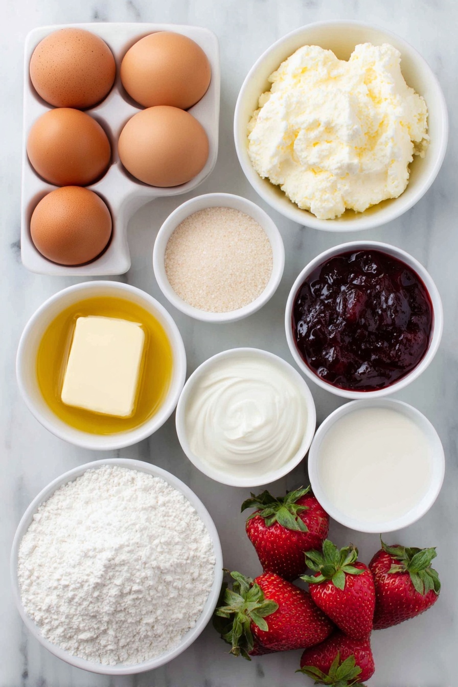 Flat lay of fresh whole brown eggs with clean shells, a small white ceramic bowl of golden vegetable oil, a small white ceramic bowl with melted butter, a small white ceramic bowl filled with granulated sugar, a small white ceramic bowl of milk, a small white ceramic bowl containing fresh whole strawberries with stems, a small white ceramic bowl of cream cheese softened and smooth, a small white ceramic bowl of bright red strawberry jam, a small white ceramic bowl of heavy cream, a small white ceramic bowl of cornstarch, a small white ceramic bowl with all-purpose flour, and a small white ceramic bowl with a pinch of salt and mix of baking soda and baking powder all arranged symmetrically, placed on a clean white marble surface, soft natural light, photo taken with an iPhone, professional food photography style, fresh ingredients, white ceramic bowls, no bottles, no duplicates, no utensils, no packaging --ar 2:3 --v 7 --p m7354615311229779997