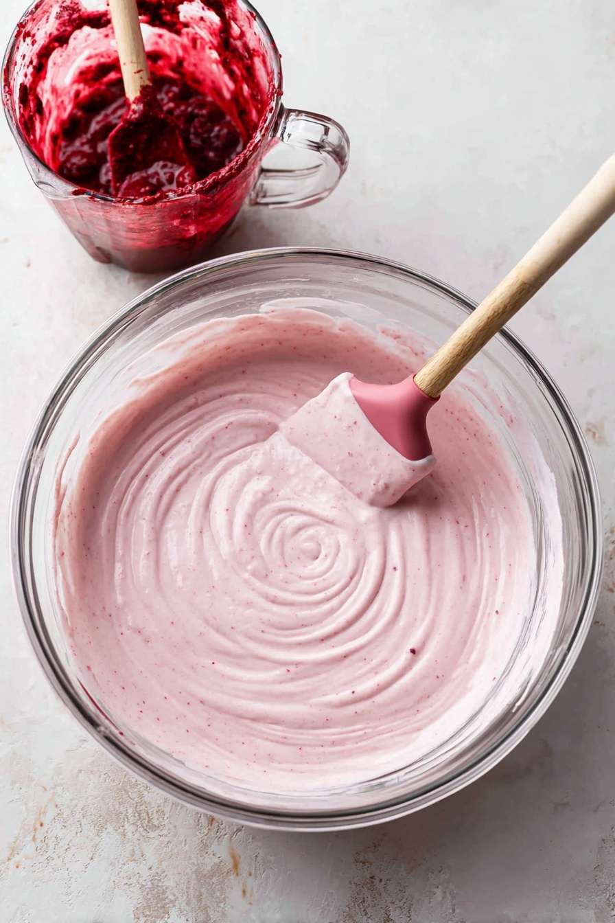A slice of pink two-layer cake sits on a white plate with a textured edge, placed on a red checkered cloth. The cake has two thick layers of soft pink sponge with a creamy pink frosting layer in between. The outside of the cake is also coated with the same smooth pink frosting. On top of the cake, there is one small red strawberry with green leaves. The background shows a softly blurred dark wooden texture, and the surface beneath the plate is a white marbled texture. Photo taken with an iphone --ar 2:3 --v 7