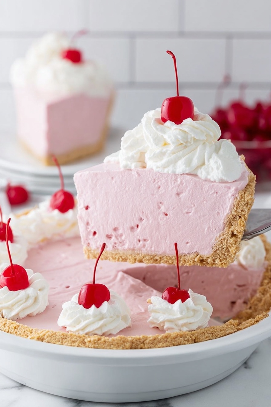 The image shows a slice of light pink pie with a smooth, creamy texture lifted on a silver pie server. The pie has three layers: a light golden brown crust at the bottom, a thick, fluffy pink filling in the middle, and a swirl of white whipped cream on top, crowned with a shiny red cherry. In the background, the rest of the pie is in a white pie dish, with the same layers visible and decorated with matching dollops of whipped cream and cherries spaced evenly around the edge. The setting is a white marbled surface and a white tiled wall. Photo taken with an iphone --ar 2:3 --v 7