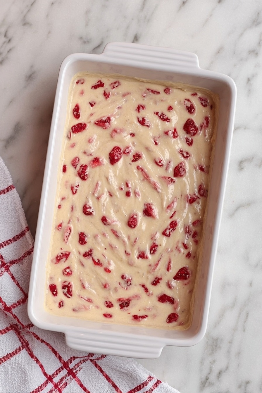 The image shows a close-up view of a two-layer strawberry dessert on a white plate. Each layer is thick and pale pink with visible pieces of red strawberries inside. The top layer has a crumbly, light beige topping sprinkled unevenly across its surface. The dessert’s texture looks smooth and slightly shiny with some parts appearing soft and creamy. In the background, there is a white colander filled with whole strawberries, and a few strawberries scattered on the white marbled surface nearby. A red and white striped cloth is placed in the foreground. photo taken with an iphone --ar 2:3 --v 7
