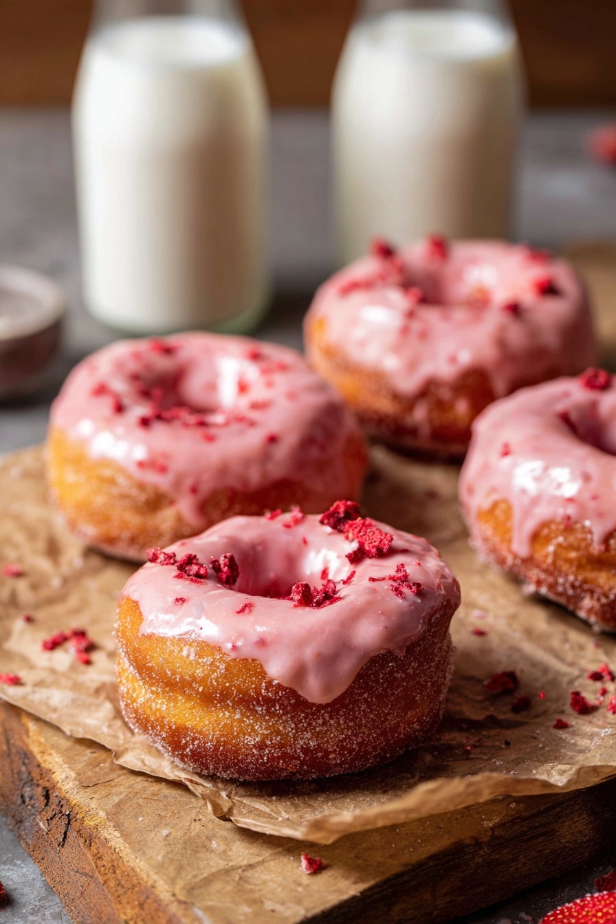 Four round donuts with rough, golden-brown sides coated in sugar are placed on torn brown parchment paper. Each donut has a thick layer of pink glaze on top, with small red strawberry pieces scattered over the glaze. The donuts rest on a wooden surface with a few stray strawberry bits nearby. Two glass bottles filled with white milk are in the blurred background. Photo taken with an iphone --ar 2:3 --v 7