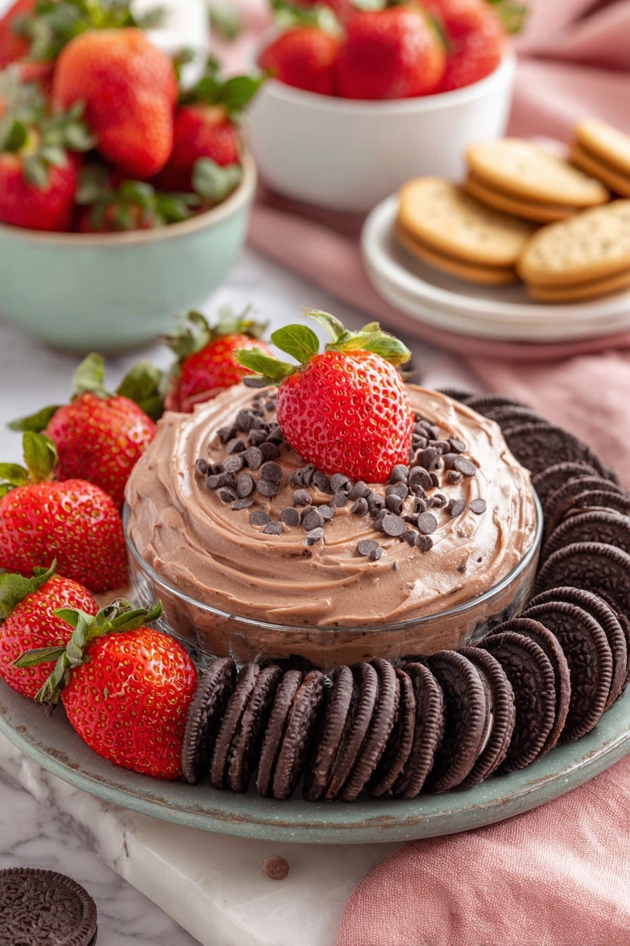 A dessert plate features three clear glass layers: the bottom layer has many dark chocolate sandwich cookies neatly stacked around the edge; the middle layer is a swirl of light brown chocolate mousse spread thickly in a smooth, creamy circle covering the cookies; the mousse is sprinkled with small dark chocolate chips and topped with a halved bright red strawberry with green leaves placed in the center. Next to the plate, there is a group of fresh, large red strawberries with green tops. The plate is set on a white marbled surface, with a soft pink cloth and white bowls filled with more strawberries and round cookies blurred in the background. Photo taken with an iphone --ar 2:3 --v 7