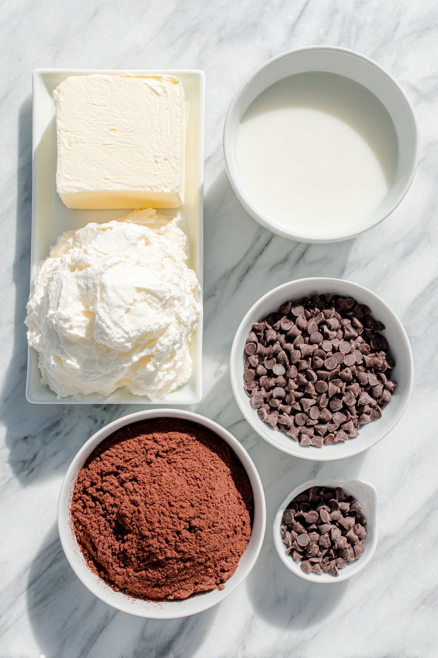 Flat lay of a block of cream cheese softened, a bowl of whipped cream, an opened box of dry brownie mix with visible cocoa powder texture, a small white ceramic bowl of whole milk, a small white ceramic bowl filled with mini chocolate chips, all arranged symmetrically and balanced, placed on a clean white marble surface, soft natural light, photo taken with an iPhone, professional food photography style, fresh ingredients, white ceramic bowls, no bottles, no duplicates, no utensils, no packaging --ar 2:3 --v 7 --p m7354615311229779997
