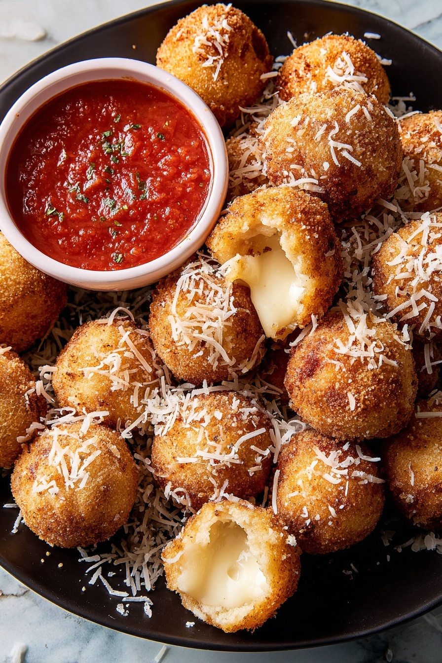 A round black plate filled with about twenty golden brown fried balls covered with white grated cheese scattered on top, two of the balls are open to show creamy white centers with soft texture inside, and a small white bowl filled with thick bright red sauce is placed near the top right edge of the plate with a bit of grated cheese on the sauce surface, all placed on a white marbled surface photo taken with an iphone --ar 2:3 --v 7