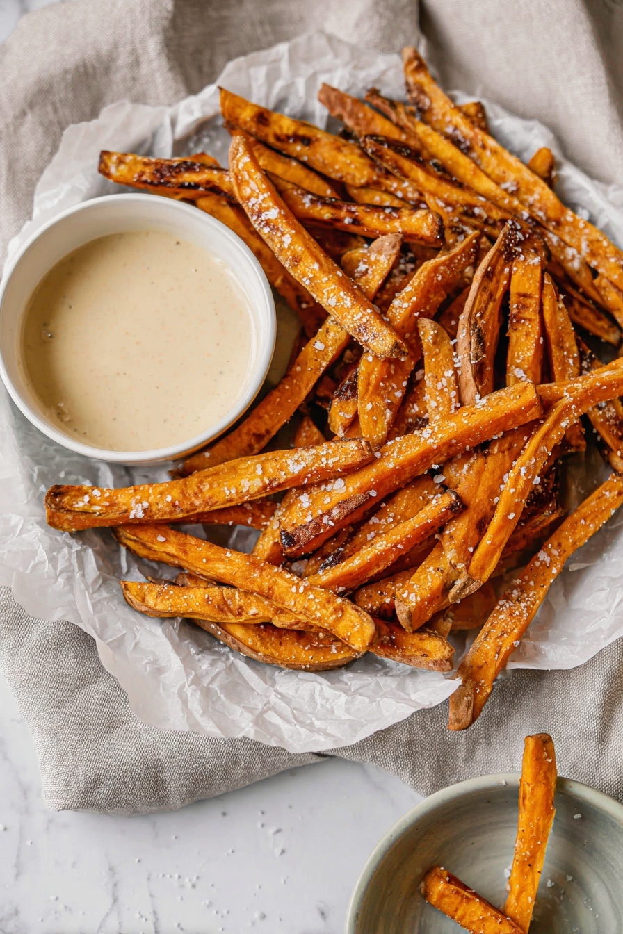 A white scalloped-edged plate lined with crinkled white parchment paper holds a pile of golden-brown sweet potato fries, each with a slightly crispy texture and some with darker roasted spots, sprinkled lightly with coarse salt. On the left side of the plate, a small white bowl filled with a creamy light beige sauce sits partially visible. The plate is placed on a soft grayish-beige cloth, and another small bowl with the same sauce is visible at the bottom right, with one sweet potato fry dipped into it. The background has a white marbled texture. photo taken with an iphone --ar 2:3 --v 7