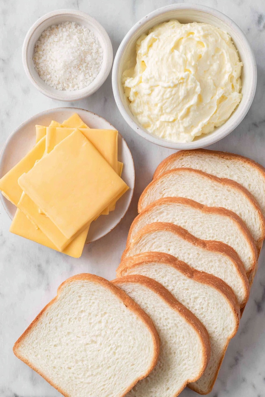 Flat lay of eight slices of fresh white bread arranged neatly, eight slices of bright yellow cheddar cheese, a small white ceramic bowl with soft pale yellow butter, a small white ceramic bowl containing coarse garlic salt crystals, all placed with perfect symmetry on a clean white marble surface, soft natural light, photo taken with an iPhone, professional food photography style, fresh ingredients, white ceramic bowls, no bottles, no duplicates, no utensils, no packaging --ar 2:3 --v 7 --p m7354615311229779997