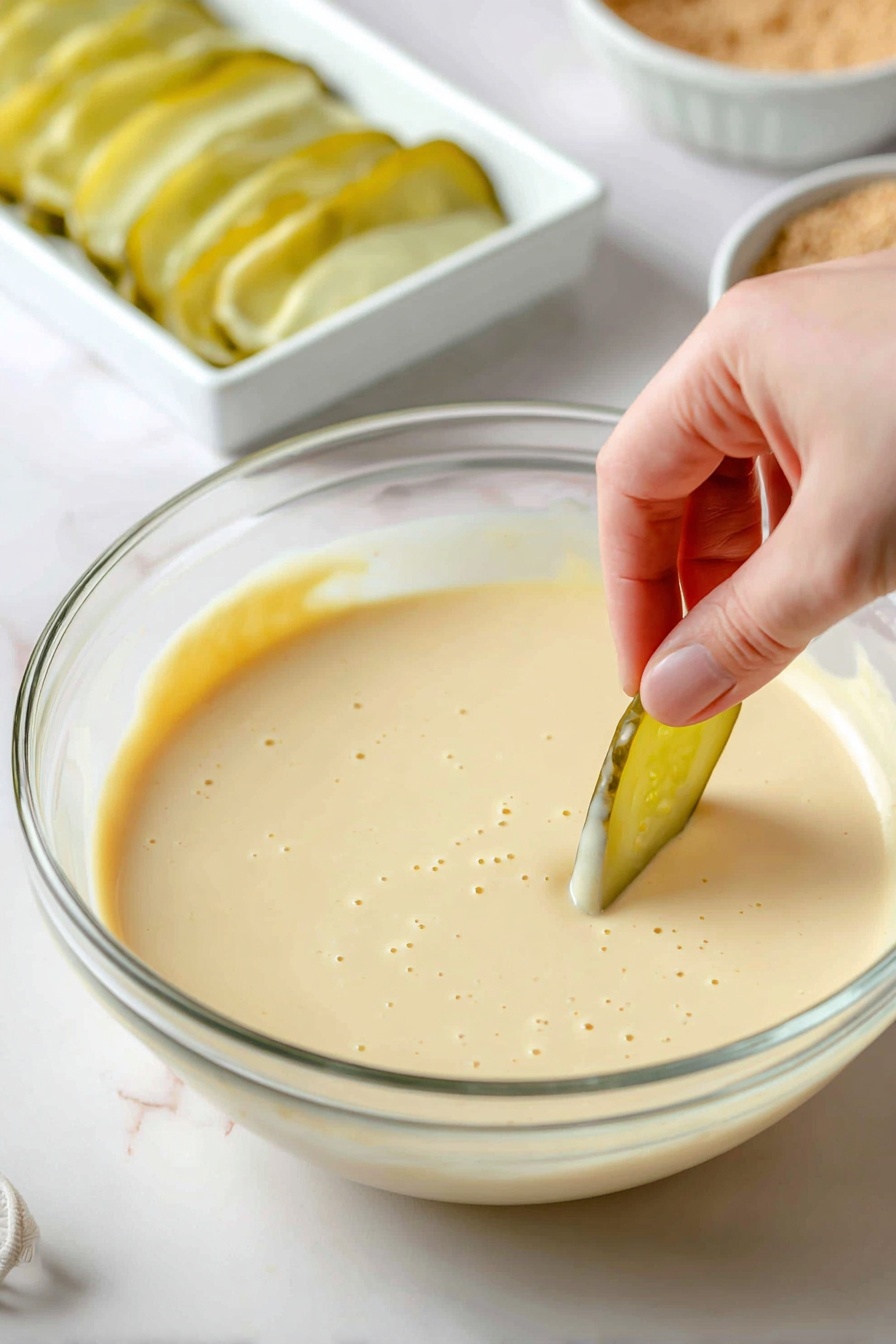 A crispy golden-brown breaded stick is held by a woman's hand with red nail polish, dipped halfway into a smooth, creamy white sauce inside a small white bowl. The bowl sits on a white marbled surface and is surrounded by more breaded sticks that have a crunchy texture with some darker toasted spots. In the background, there is a blur of green herbs adding a fresh touch. photo taken with an iphone --ar 2:3 --v 7
