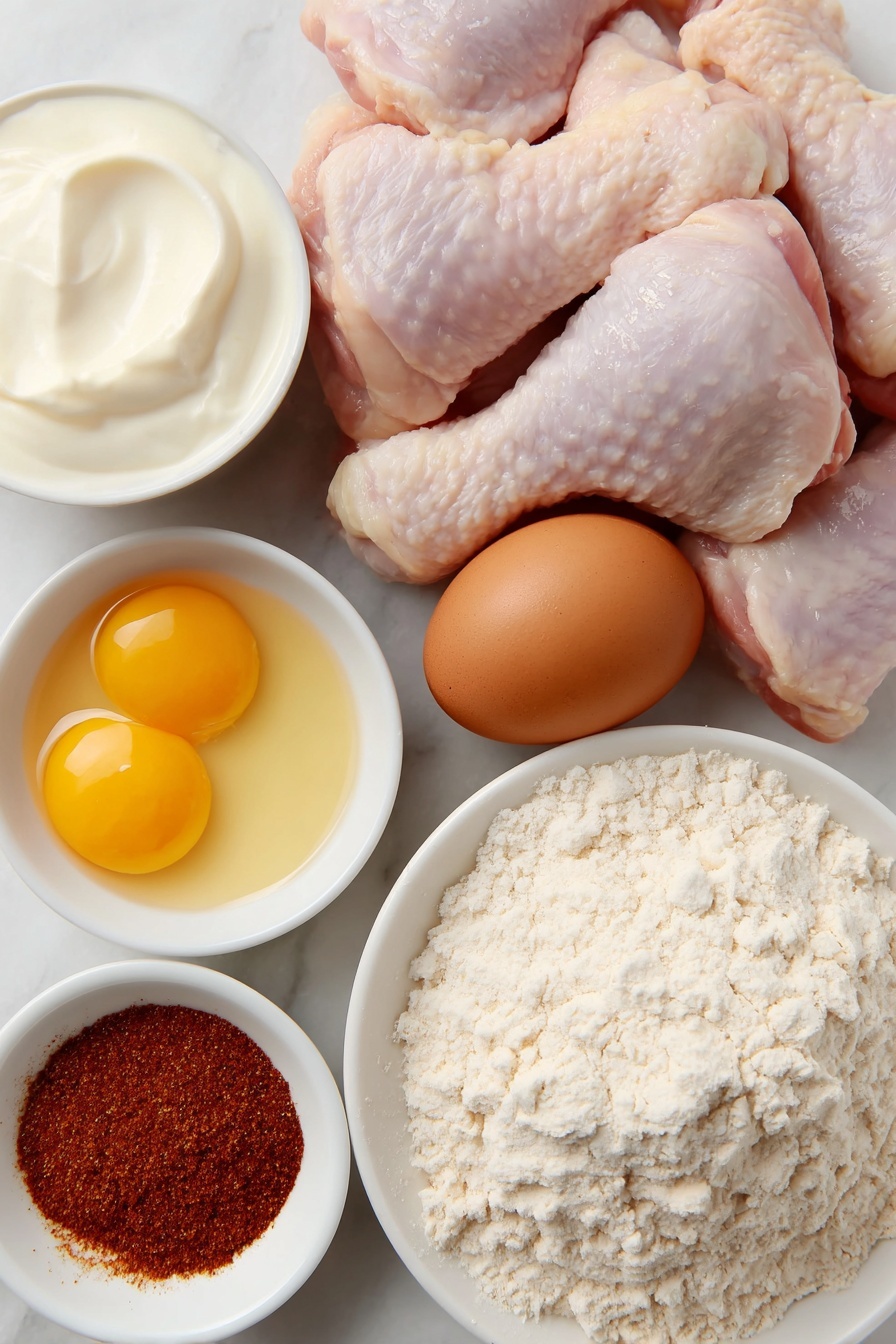 Flat lay of eight fresh bone-in, skin-on raw chicken pieces arranged neatly, a small white bowl filled with creamy buttermilk, one large whole brown egg and one whole egg yolk side by side on a white ceramic plate, a small white bowl containing vibrant yellow mustard, a small white bowl holding a mixture of self-rising flour and cornstarch dusted with Cajun seasoning and spices, and a small white bowl with a mix of garlic powder, onion powder, and lemon pepper seasoning, all placed on a clean white marble surface, soft natural light, photo taken with an iPhone, professional food photography style, fresh ingredients, white ceramic bowls, no bottles, no duplicates, no utensils, no packaging --ar 2:3 --v 7 --p m7354615311229779997