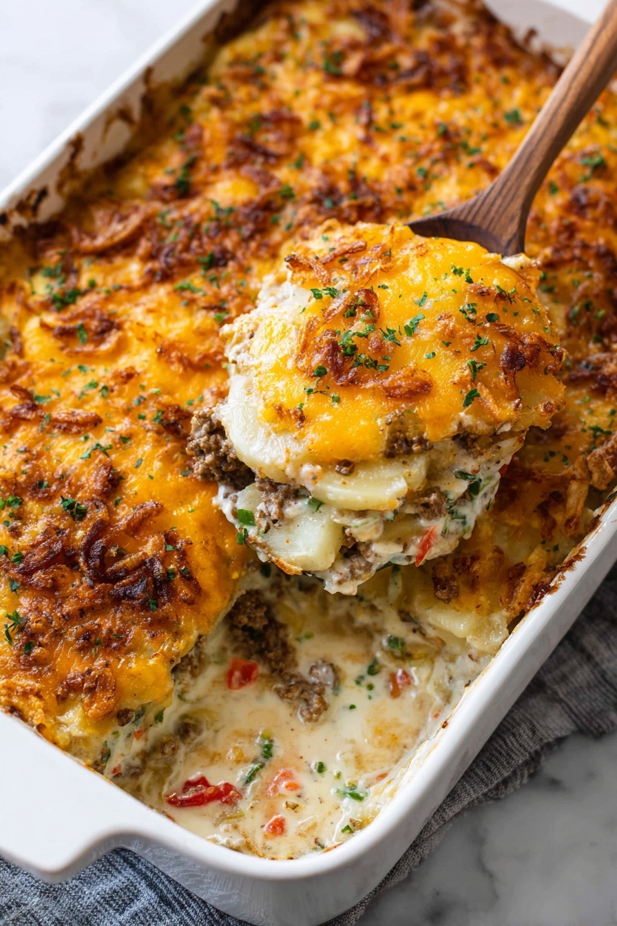 A white baking dish filled with a layered casserole showing at least three layers: the bottom layer with creamy mixed potatoes and ground meat with visible red and green pepper bits, a middle thick creamy sauce layer, and a top layer covered with melted golden cheddar cheese scattered with crispy fried onions and small green herbs sprinkled on top. A wooden spoon lifting a scoop from the corner reveals the creamy potato slices and meat underneath the cheesy crust. The dish sits on a white marbled surface. photo taken with an iphone --ar 2:3 --v 7