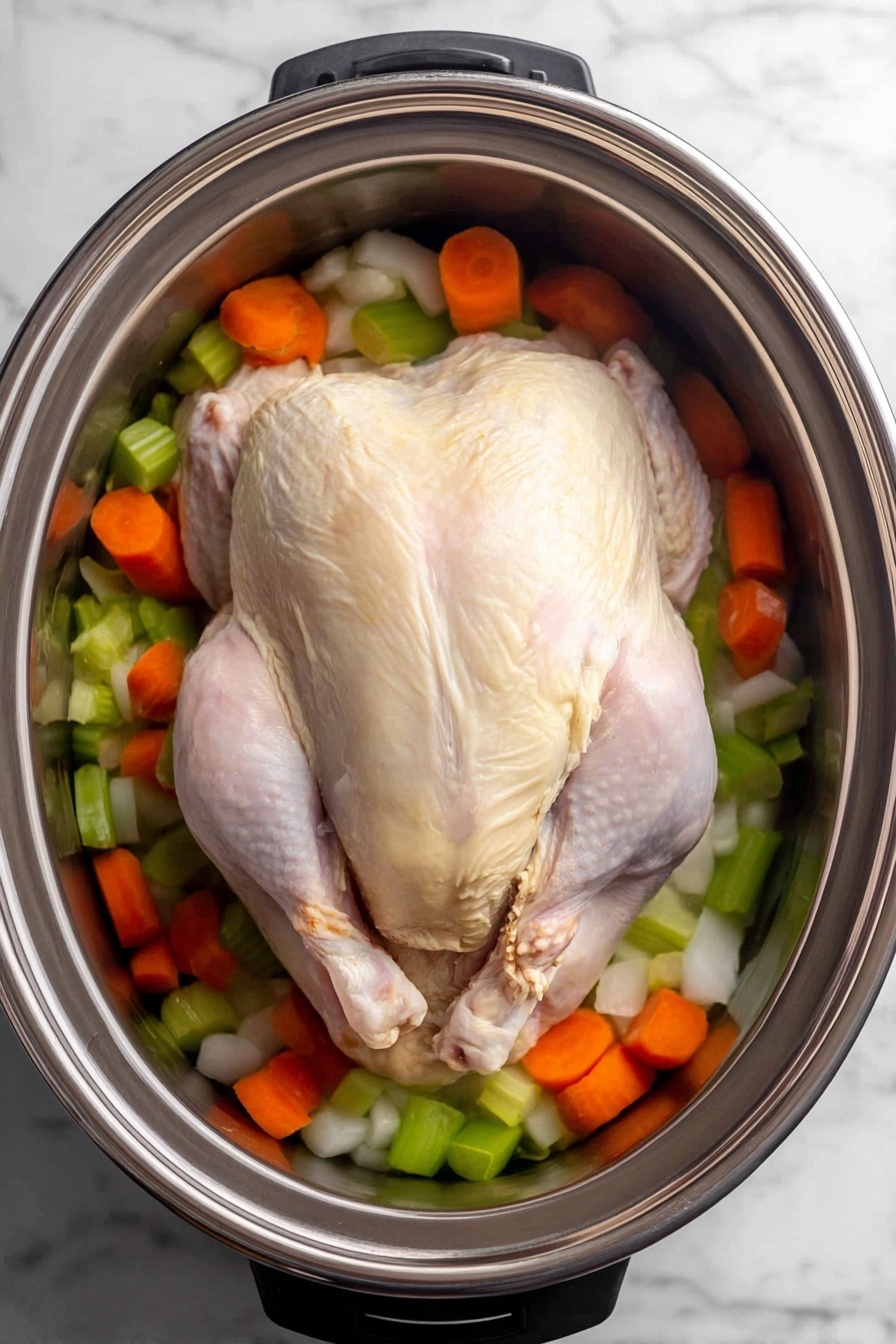 A white plate holds a dish with three layers: the bottom layer is a golden-yellow stuffing mixed with bits of orange carrots and green celery, showing a soft and slightly crumbly texture; on top of that lies three slices of white turkey arranged close together, smooth and tender looking; drizzled over the turkey is a rich brown gravy that glistens under the light; the dish is finished with a sprinkle of chopped fresh green parsley scattered evenly on top; the background is a white marbled surface with some out-of-focus green herbs and a green patterned cloth visible. photo taken with an iphone --ar 2:3 --v 7