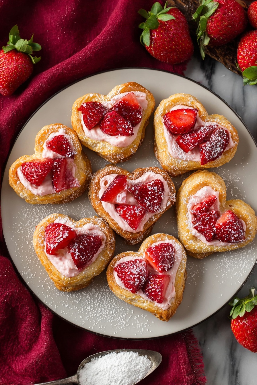 The image shows six heart-shaped pieces of pastry dough placed on white parchment paper on a baking tray. Each heart-shaped dough has a layer of white cream spread on top, covering most of the center area. On top of the cream, there are small chopped strawberry pieces, bright red with some light pink and white parts, scattered evenly across each heart. The dough looks smooth and light beige, while the strawberries add a fresh, juicy contrast. The tray is on a white marbled surface. photo taken with an iphone --ar 2:3 --v 7