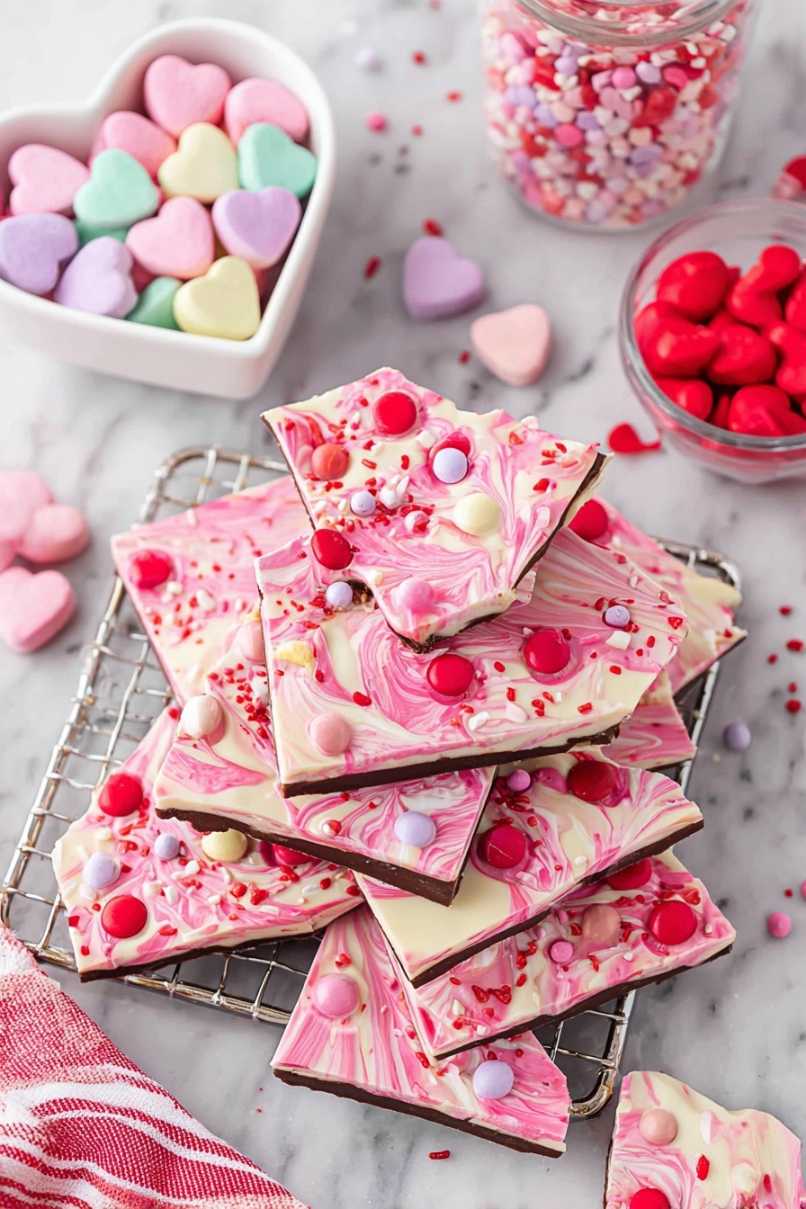 A pile of pink and white swirled chocolate bark broken into irregular triangle pieces is stacked on a wire rack over a white marbled surface. The bark has two layers: a creamy white bottom and a pink swirled top covered with red, pink, white, and purple candy-coated chocolate pieces, candy hearts in pastel colors, and red and pink sprinkles shaped like hearts and rods. To the left, a white heart-shaped bowl filled with pastel conversation heart candies sits on the white marbled surface, with a few candies scattered around. Another clear bowl with red and pink candy-coated chocolates is visible to the right, with some loose candies sprinkled nearby. A red and white striped cloth is partially visible on the lower left side. The overall look is bright, festive, and Valentine-themed. photo taken with an iphone --ar 2:3 --v 7
