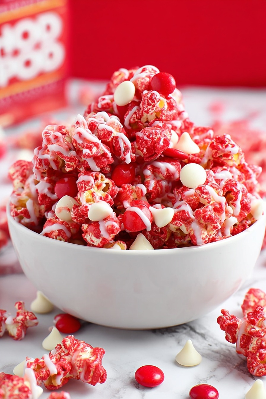 The left side shows a close-up of a silver pot with a whisk inside, filled with a thick, bright red sauce that has a glossy, almost bubbly texture. The pot sits on a white marbled surface with a small piece of cork underneath. In the top left corner, there is a white tray partially filled with plain white popcorn. On the right side, there is a white baking dish filled with popcorn coated in shiny, bright red sauce. A black spatula is resting on top of the popcorn with some red sauce stuck on it, and the white marbled surface is partially visible underneath the dish. photo taken with an iphone --ar 2:3 --v 7