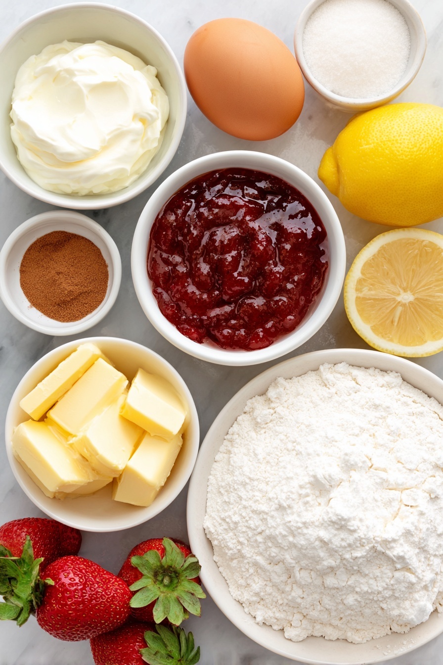 Flat lay of fresh whole brown egg with smooth clean shell, a small white ceramic bowl filled with fresh milk, a small white ceramic bowl containing softened butter, a neat pile of all-purpose flour on the white ceramic plate, a small white ceramic bowl holding white granulated sugar, a fresh lemon with bright yellow skin and a few strips of lemon zest, a small white ceramic bowl filled with rich red strawberry compote, a small white ceramic bowl with fine ground cinnamon powder, a small white ceramic bowl containing soft cream cheese, a small white ceramic bowl filled with powdered sugar, and a few fresh whole strawberries with green leaves, all arranged with perfect symmetry on a clean white marble surface, soft natural light, photo taken with an iPhone, professional food photography style, fresh ingredients, white ceramic bowls, no bottles, no duplicates, no utensils, no packaging --ar 2:3 --v 7 --p m7354615311229779997