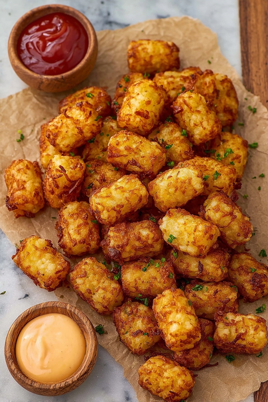 A white marbled surface holds a piece of brown parchment paper topped with many golden-brown tater tots, each showing a crispy and uneven texture with small green herb bits sprinkled on top. Two small round wooden bowls near the bottom left corner hold thick red ketchup and creamy light orange dipping sauce. The tater tots are arranged in a loose pile, with some scattered around the edges, showing their crunchy, browned edges and soft centers. photo taken with an iphone --ar 2:3 --v 7