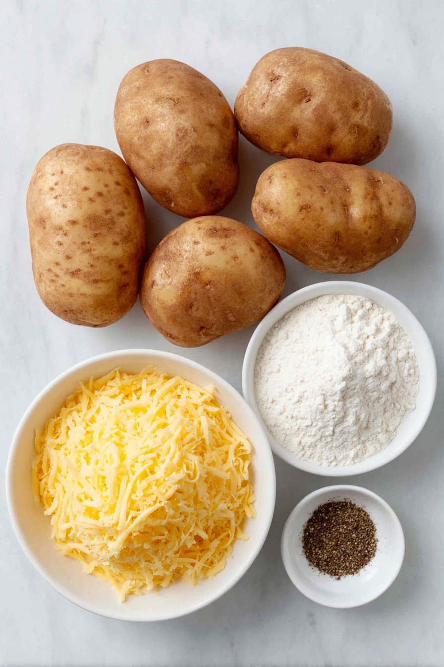 Flat lay of four whole russet potatoes with natural skin texture, a small mound of freshly grated sharp cheddar cheese, a small white ceramic bowl filled with plain all-purpose flour, a small white ceramic bowl containing coarse kosher salt crystals, and a small white ceramic bowl with ground black pepper, all arranged symmetrically on a clean white marble surface, soft natural light, photo taken with an iPhone, professional food photography style, fresh ingredients, white ceramic bowls, no bottles, no duplicates, no utensils, no packaging --ar 2:3 --v 7 --p m7354615311229779997