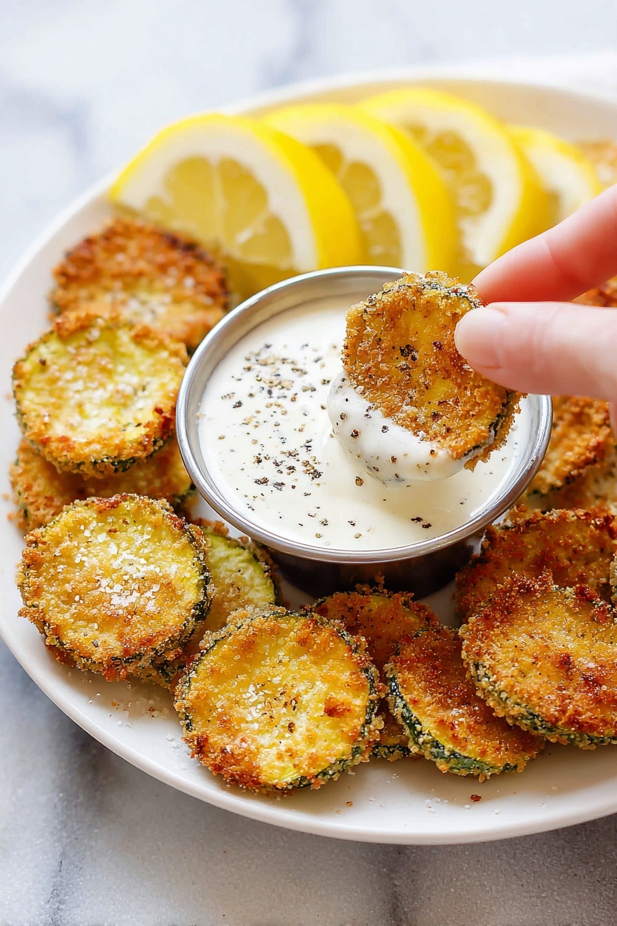 The image shows four steps of making fried zucchini slices on a white marbled surface. Top left shows a zucchini sliced into thick green rounds next to a knife with a black handle. Top right has three white bowls: the first filled with flour holding one zucchini slice in the middle, the second with a yellow beaten egg mixture with a spoon inside and a zucchini slice coated in it, and the third with breadcrumbs coating a zucchini slice in the center. Bottom left shows zucchini slices breaded and frying in hot oil in a black pan. Bottom right shows the same slices after frying with a golden brown crust on top. Photo taken with an iphone --ar 2:3 --v 7