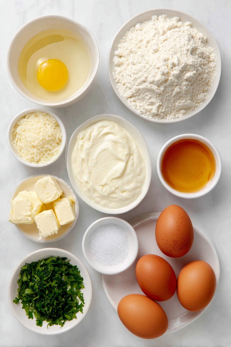Flat lay of a small white ceramic bowl of warm water, a small white ceramic bowl of melted golden butter, a small white ceramic bowl of creamy milk, a small white ceramic bowl of golden honey, a small mound of fine white all-purpose flour, a teaspoon of fine sea salt in a small white ceramic bowl, a small white ceramic bowl with pale yellow garlic powder, three whole uncracked brown eggs, a bunch of finely chopped fresh parsley on a white ceramic plate, a small white ceramic bowl of freshly grated Parmesan cheese, and a small white ceramic bowl of flaky sea salt, placed on a clean white marble surface, soft natural light, photo taken with an iPhone, professional food photography style, fresh ingredients, white ceramic bowls, no bottles, no duplicates, no utensils, no packaging --ar 2:3 --v 7 --p m7354615311229779997