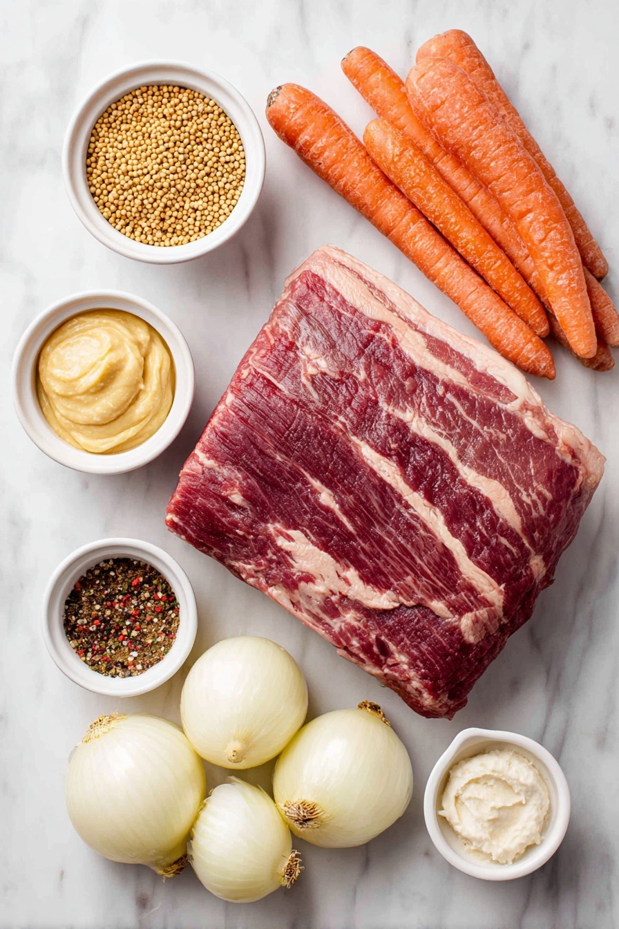 Flat lay of a large raw corned beef brisket with a visible fat cap, fresh whole medium carrots peeled with smooth skin, a medium yellow onion cut into wedges with layers visible, a small white ceramic bowl filled with coarse whole grain mustard seeds in mustard sauce, another small white ceramic bowl containing smooth Dijon mustard, a small white ceramic bowl with rich brown sugar crystals, a small white ceramic bowl holding creamy prepared horseradish, and a small white ceramic bowl with a mix of colorful pickling spices, all arranged symmetrically and naturally placed on a clean white marble surface, soft natural light, photo taken with an iPhone, professional food photography style, fresh ingredients, white ceramic bowls, no bottles, no duplicates, no utensils, no packaging --ar 2:3 --v 7 --p m7354615311229779997
