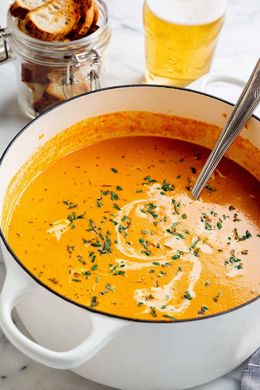 A large white pot filled with thick orange soup, showing a smooth texture with small green herb pieces sprinkled on top. The soup has some light cream swirls and tiny chunks within it, and a silver ladle rests inside the pot on the right side. Behind the pot, there is a glass jar filled with golden beer and a container holding toasted bread slices. The setting is on a white marbled surface. Photo taken with an iphone --ar 2:3 --v 7