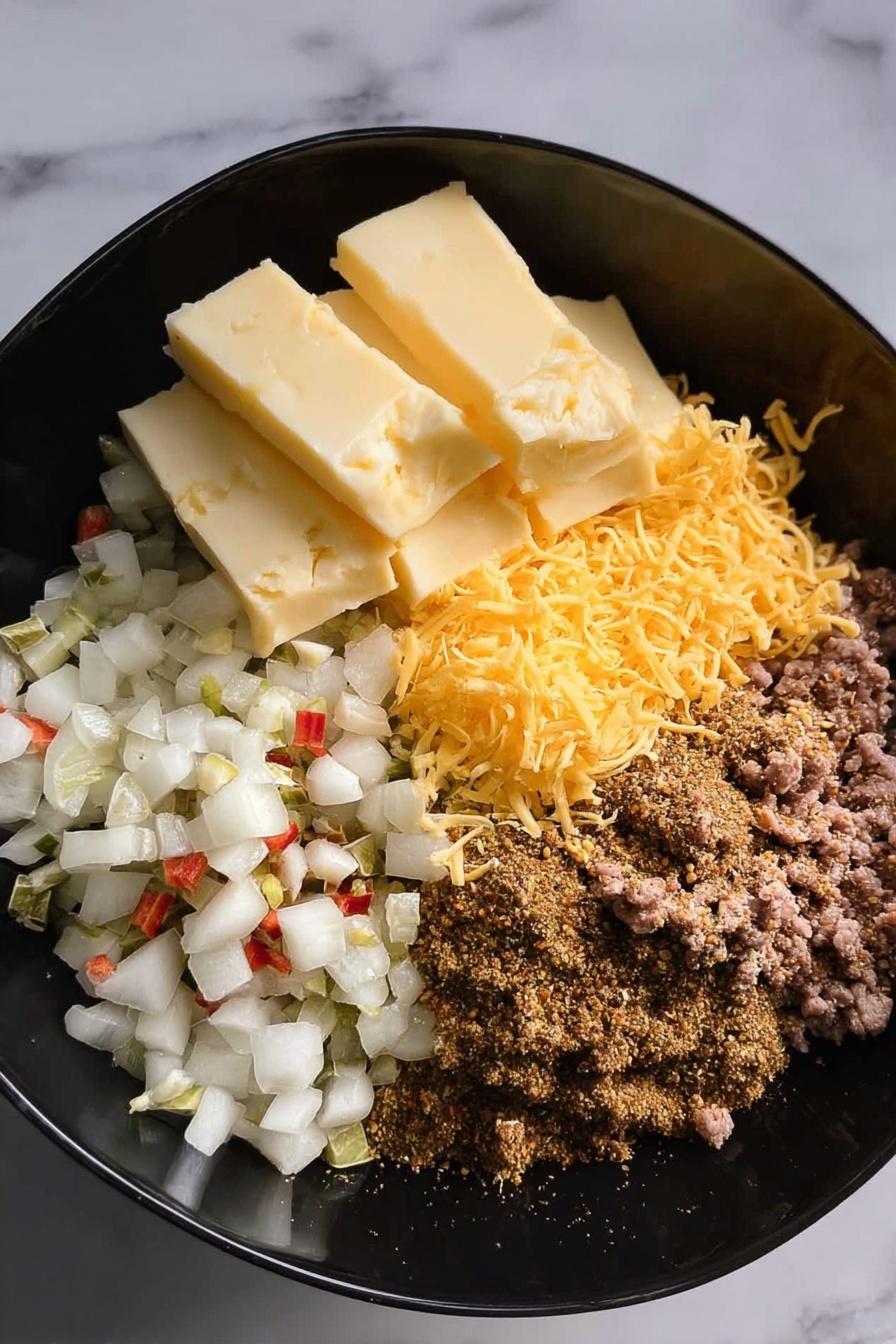 On a white plate, there is a creamy dish made of small yellow potato cubes mixed with ground meat pieces, melted orange cheese, and red tomato chunks, all topped with chopped green onions. Behind the plate, two white ramekins sit side by side; one is filled with bright orange shredded cheese and the other with white sour cream. A red and white checkered cloth rests to the right, all placed on a white marbled surface. Photo taken with an iphone --ar 2:3 --v 7