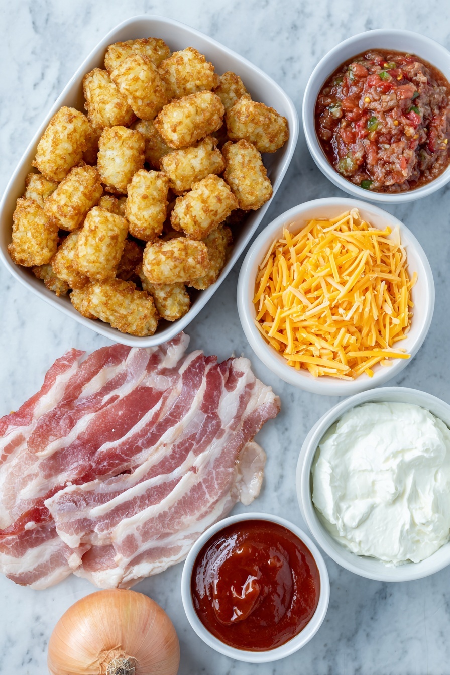 Flat lay of a small pile of golden frozen tater tots, a raw pound of lean ground beef formed loosely, a medium sweet onion whole and uncut with smooth pale yellow skin, six colorful mini sweet peppers in red, orange, and yellow hues, six uncooked center cut bacon strips with visible marbling, a small white bowl filled with bright red chunky salsa, a small white bowl holding vibrant orange shredded cheddar cheese, a small white bowl with soft white shredded mozzarella cheese, a small white bowl containing smooth white sour cream, and a small white bowl of deep red hot sauce, all arranged with perfect symmetry on a clean white marble surface, soft natural light, photo taken with an iPhone, professional food photography style, fresh ingredients, white ceramic bowls, no bottles, no duplicates, no utensils, no packaging --ar 2:3 --v 7 --p m7354615311229779997