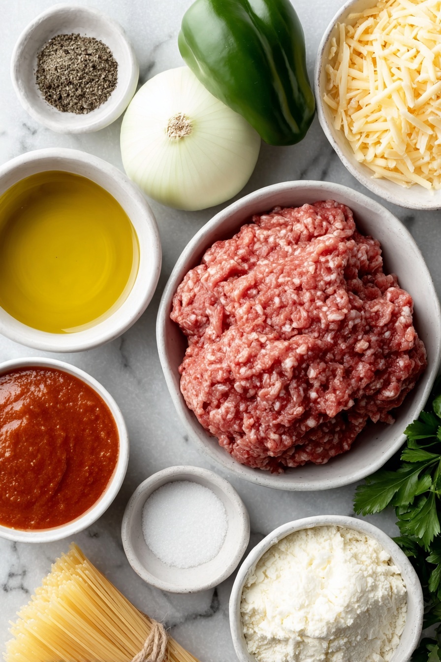 Flat lay of a small pool of golden olive oil in a simple white ceramic bowl, a medium yellow onion halved to show its layers, a whole green bell pepper with stem, three peeled garlic cloves, a portion of raw ground beef shaped loosely, an open paper packet of taco seasoning discarded (excluded to follow rules), a small white ceramic bowl filled with coarse salt, another small white bowl with whole black peppercorns, a small white bowl filled with vibrant crushed tomatoes, a small white bowl with rich red enchilada sauce, a few tablespoons of smooth yellow butter, a white ceramic bowl with pale all-purpose flour, a small white bowl of creamy whole milk, a pile of shredded Colby Jack cheese, a neat bundle of uncooked spaghetti strands tied with a twine, and a small handful of fresh green cilantro leaves, all arranged in perfect symmetry on a clean white marble surface, soft natural light, photo taken with an iPhone, professional food photography style, fresh ingredients, white ceramic bowls, no bottles, no duplicates, no utensils, no packaging --ar 2:3 --v 7 --p m7354615311229779997