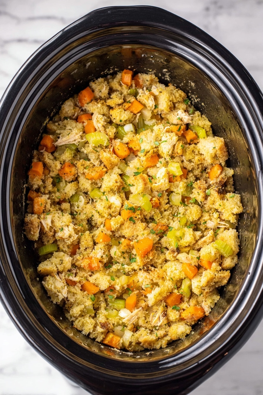 The image shows a close-up of a cooked stuffing dish inside a black slow cooker with a shiny surface. The stuffing is made of crumbled, golden-yellow bread pieces mixed with small rounds of orange carrot slices, chopped light green celery, and translucent bits of onion. The stuffing looks moist and soft with a slightly textured surface from the mixed ingredients. The cooker is placed on a white marbled texture background. photo taken with an iphone --ar 2:3 --v 7