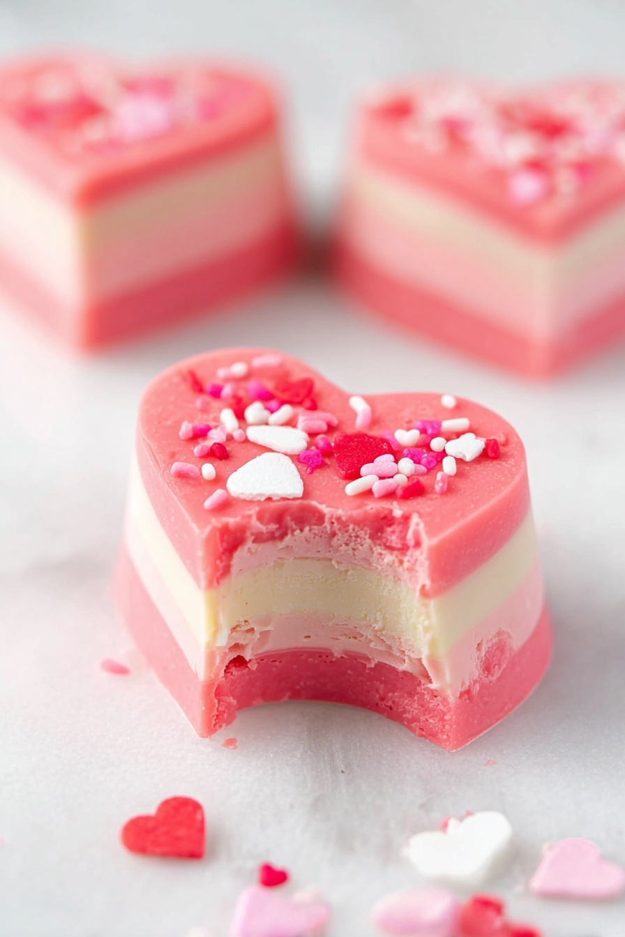 The image shows a heart-shaped treat with three visible layers placed on a white marbled surface. The top and bottom layers are bright pink with a smooth, slightly textured look, while the middle layer is creamy white. The top pink layer is decorated with small heart-shaped sprinkles in white, red, and various shades of pink. There is a bite taken out of the front of the treat, showing the inside layers clearly. In the background, two more layered heart-shaped treats are slightly out of focus. Some heart-shaped sprinkles are scattered around on the surface. photo taken with an iphone --ar 2:3 --v 7