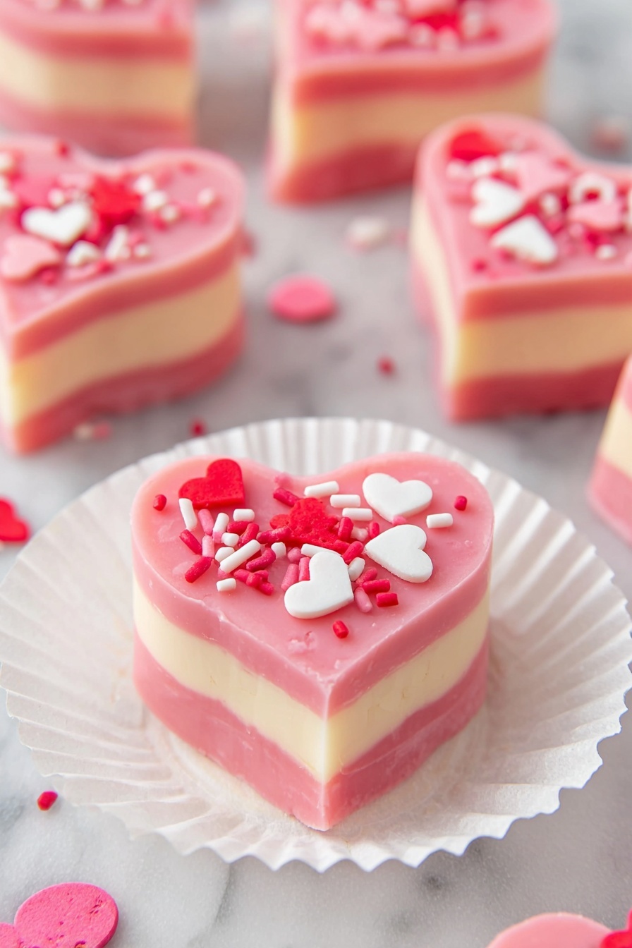 A square baking pan lined with parchment paper is filled with a smooth, thick pink layer spread evenly across the bottom. On top of this pink layer, three large, shiny white round dollops of creamy batter are placed in a loose triangle shape, and a silver spoon is spreading one of the white dollops softly over the pink base. The pan is set on a white marbled surface, and a woman's hand holding the spoon is partially visible. photo taken with an iphone --ar 2:3 --v 7