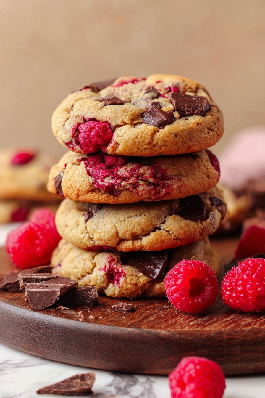 A stack of four thick cookies with a golden-brown color and visible chunks of dark chocolate and bright red raspberries throughout each layer sits on a dark wooden board. Around the stack, fresh red raspberries and scattered shavings of dark chocolate add texture and color contrast. The background is softly blurred with a warm beige tone, and the surface beneath the board has a white marbled texture. photo taken with an iphone --ar 2:3 --v 7