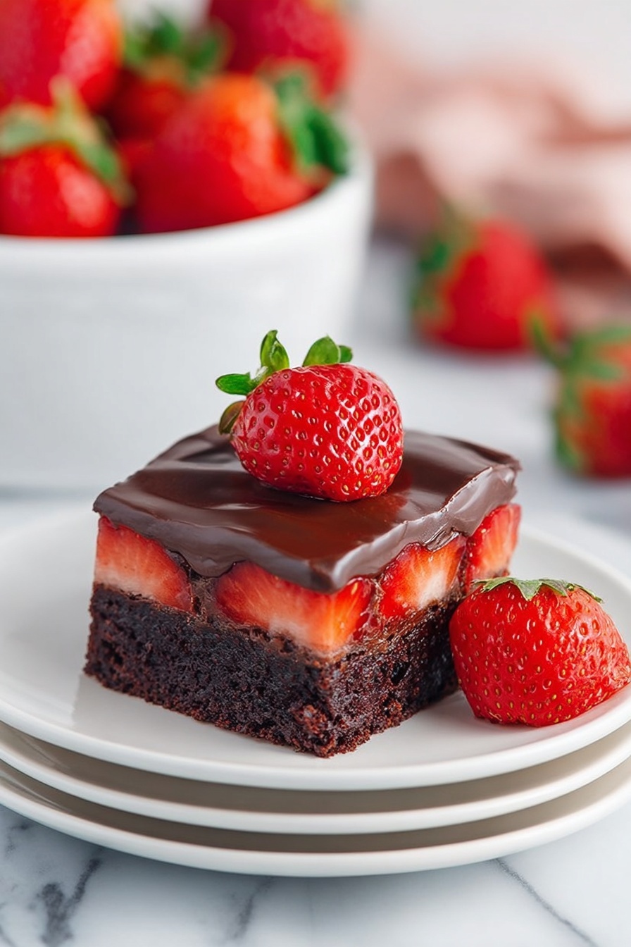A large white bowl filled with smooth, thick, dark brown chocolate batter that has visible glossy swirls and texture on the surface. The bowl sits on a white marbled background, with two whole fresh solid red strawberries near the top right and a small white bowl with halved strawberries near the bottom left. To the right of the bowl, there are several pieces of dark chocolate squares and wrapped white chocolate bars stacked together. A clear glass baking dish is partially visible in the top left corner. A blue and white striped cloth is shown on the bottom right corner of the image. Photo taken with an iphone --ar 2:3 --v 7