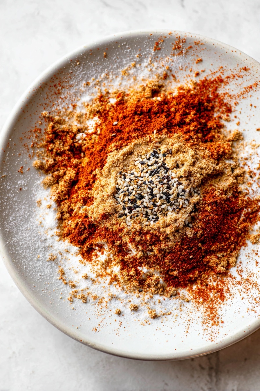 A white plate holds seven golden brown chicken strips coated in a crispy, crumbly breading speckled with black and white sesame seeds. The chicken pieces vary in size and shape, arranged in a loose pile mostly centered on the plate. To the right side of the plate sits a small clear glass bowl filled with a beige sauce that has a slightly grainy texture and flecks of seasoning. The plate rests on a white marbled surface, with part of a seasoning jar blurred in the background. Photo taken with an iphone --ar 2:3 --v 7