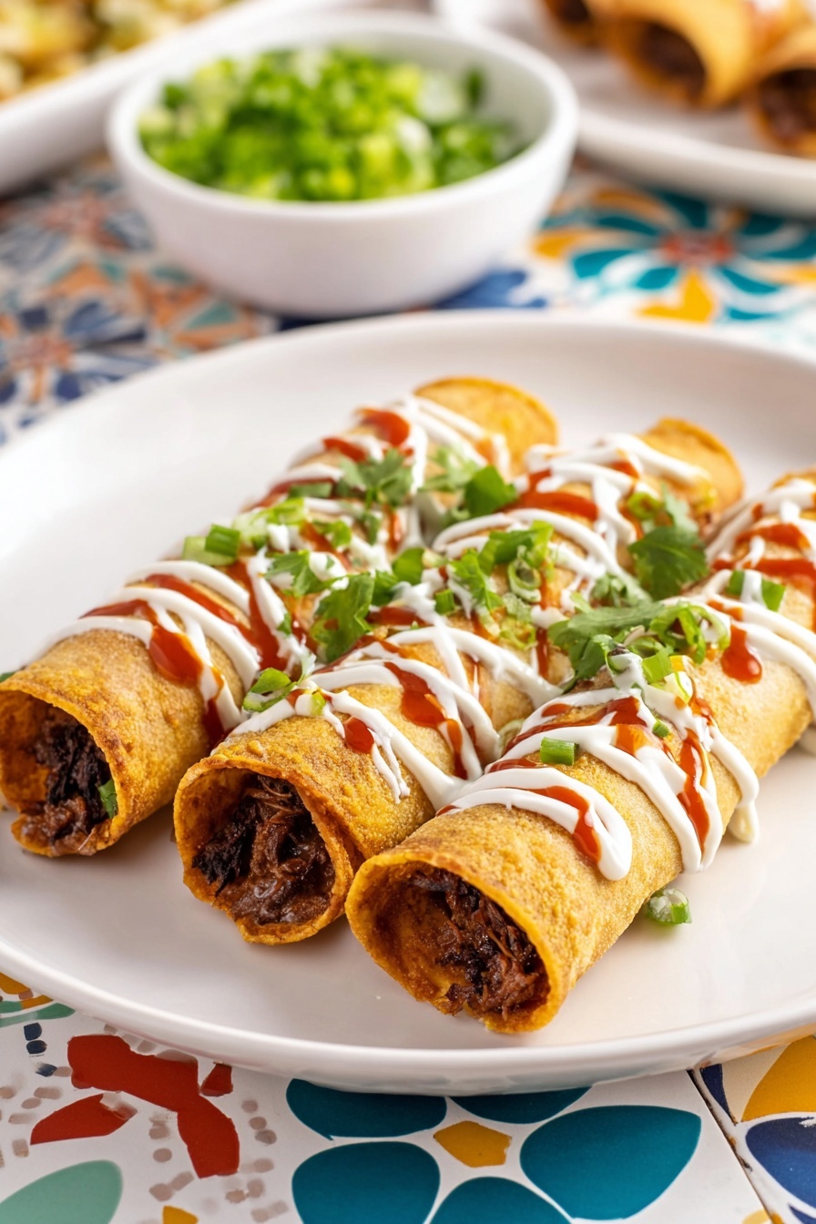 The image shows four steps of making rolled tortillas in a square collage. In the top left (step 5), a woman's hand sprays oil on a flat white tortilla placed on a wooden board with a small, folded tortilla piece above it, all on a white marbled surface with a striped cloth on the left. The top right (step 6) shows four rolled tortillas on the wooden board, with one open tortilla below filled with a yellow and brown mix of cooked filling and shredded cheese. In the bottom left (step 7), six rolled tortillas are neatly placed inside a black air fryer basket on the white marbled surface with the striped cloth partially visible. The bottom right (step 8) shows the same six rolled tortillas cooked to a golden brown inside the air fryer basket, ready to serve. Photo taken with an iphone --ar 2:3 --v 7