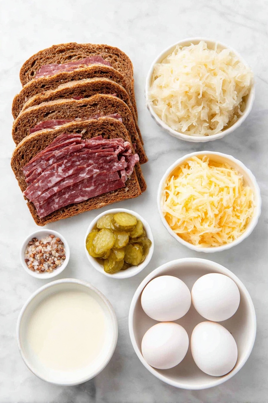 Flat lay of six slices of fresh rye bread, a small pile of thinly sliced pastrami, a mound of well-drained sauerkraut, a generous heap of shredded Swiss cheese, a small bowl of chopped dill pickles, a few scattered caraway seeds, a small white bowl of milk, three whole uncracked eggs with clean shells, a small white bowl filled with thousand island dressing, a small white bowl of yellow mustard, placed on a clean white marble surface, soft natural light, photo taken with an iPhone, professional food photography style, fresh ingredients, white ceramic bowls, no bottles, no duplicates, no utensils, no packaging --ar 2:3 --v 7 --p m7354615311229779997