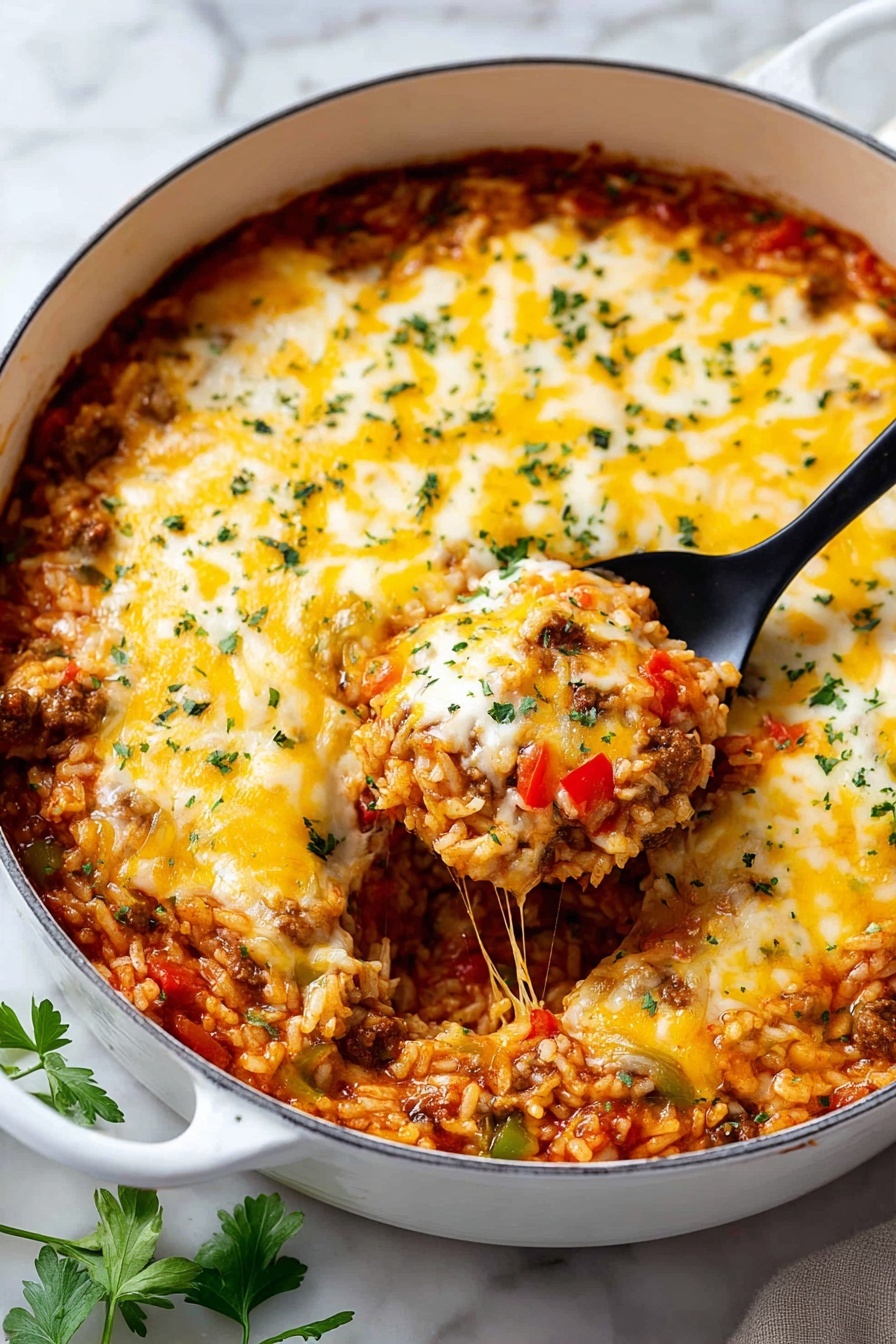 The image shows a round white pot filled with a baked dish that has three distinct layers. The bottom layer is a thick red sauce mixed with rice and small pieces of vegetables like red and green peppers. The middle layer contains chunks of browned meat mixed in with the rice and vegetables. The top layer is a thick, melted cheese with yellow and white colors, covering the entire surface and sprinkled with small green herb bits. A black spoon scoops a portion out from the center, showing the melted cheese stretching lightly over the mixed rice and meat beneath. The pot is placed on a white marbled surface with some green leafy garnish nearby. Photo taken with an iphone --ar 2:3 --v 7