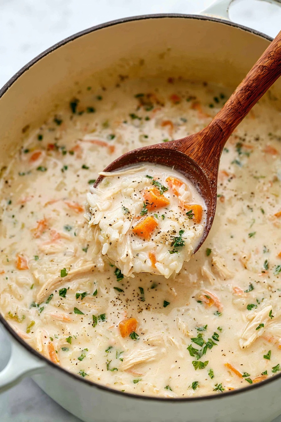 A close-up of a white pot filled with creamy soup that has small pieces of orange carrots, white rice, and green herbs mixed inside. A wooden spoon lifts a scoop of the thick soup showing the same mix of ingredients. Specks of black pepper and parsley leaves are scattered on top of the creamy, light beige liquid. The pot sits on a white marbled surface photo taken with an iphone --ar 2:3 --v 7